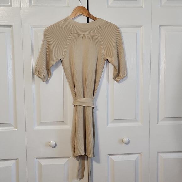 INC Womens Long Line Silk Blend Button Tie Front Short Sleeve Tan Cardigan SM - Picture 2 of 9